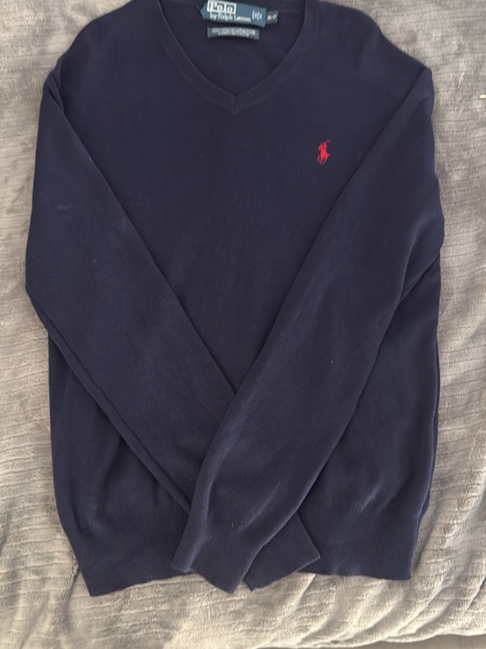 Polo by Ralph Lauren Navy V-Neck Sweater with Red Pony Embroidery